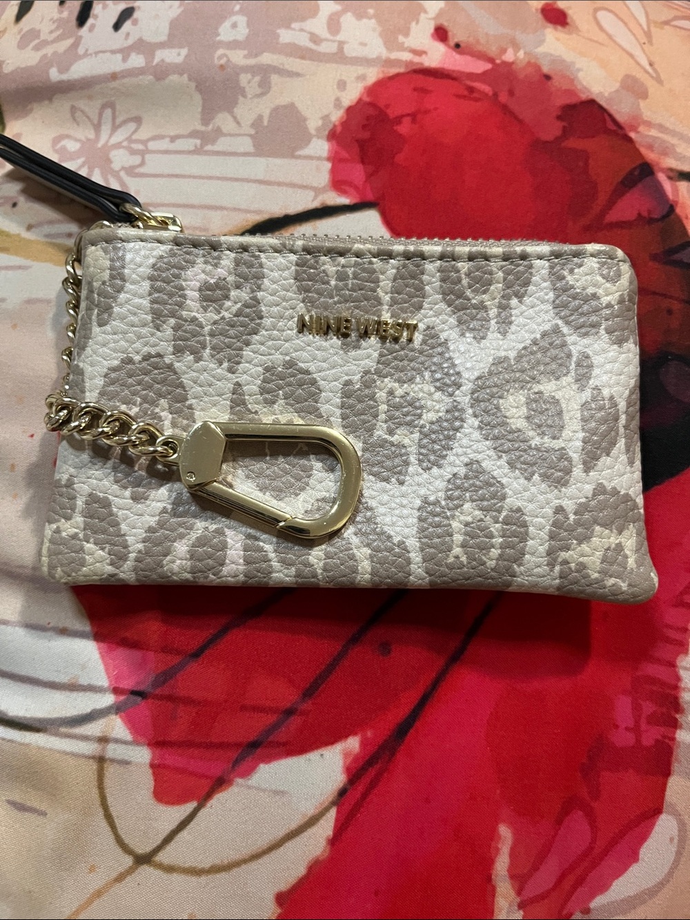Nine West Cream Leopard Card Holder with Gold Chain